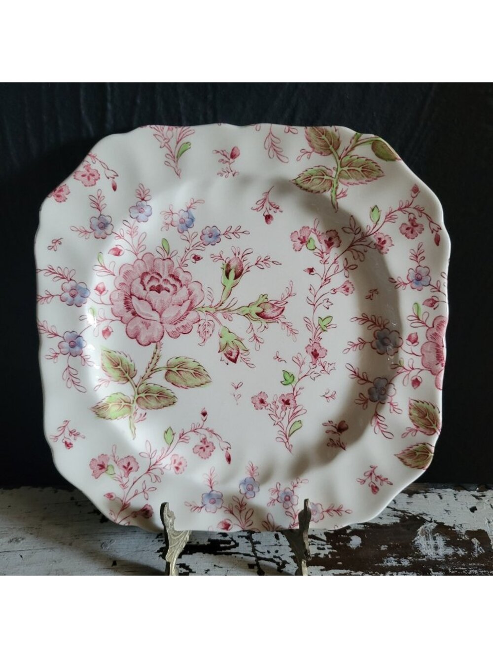 Vintage Johnson Brothers Rose Chintz Pink Square Plate Black Backstamp Ironstone
